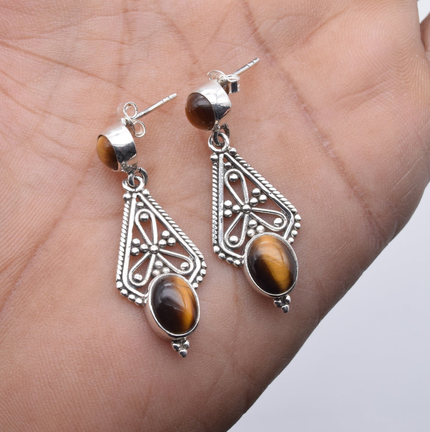 925 Solid Sterling Silver Tiger Eye Stud Earring-1.7 Inch