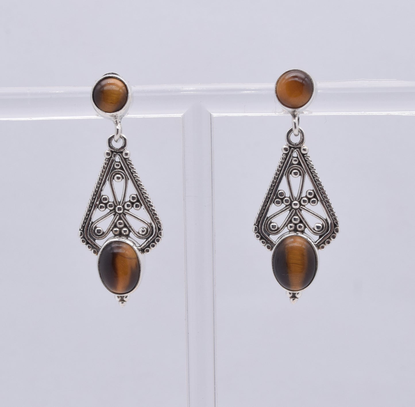 925 Solid Sterling Silver Tiger Eye Stud Earring-1.7 Inch