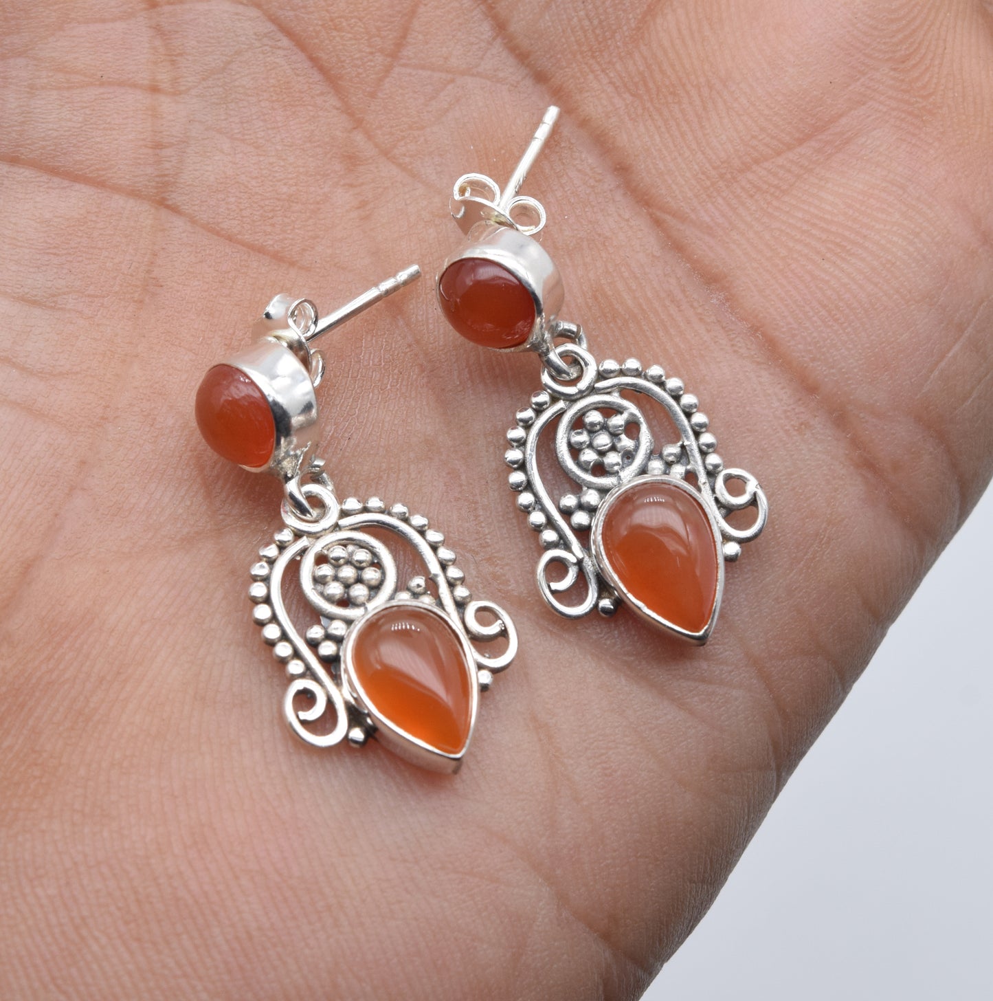 925 Solid Sterling Silver Red Carnelian Stud Earring-1.5 Inch