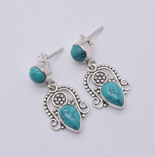 925 Solid Sterling Silver Blue Turquoise Stud Earring-1.5 Inch