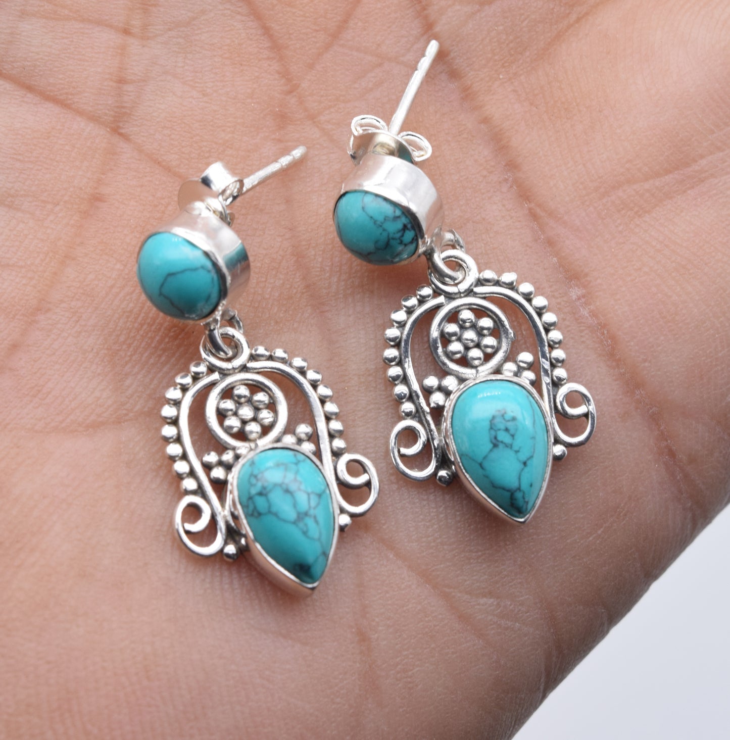 925 Solid Sterling Silver Blue Turquoise Stud Earring-1.5 Inch