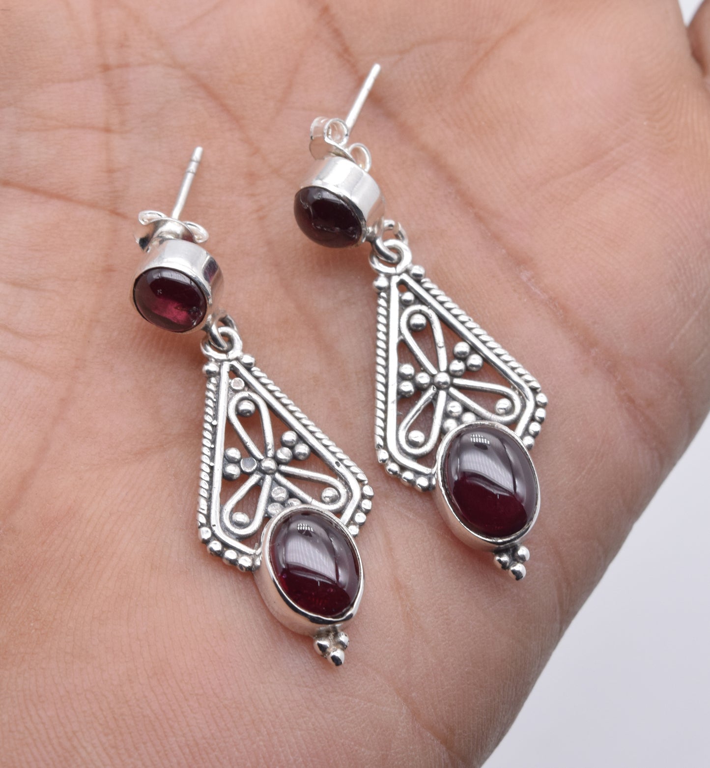 925 Solid Sterling Silver Red Garnet Stud Earring-1.7 Inch