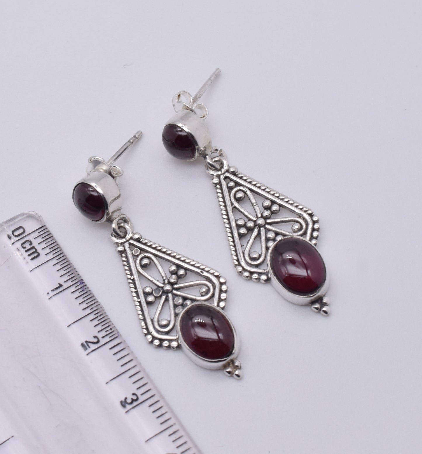 925 Solid Sterling Silver Red Garnet Stud Earring-1.7 Inch