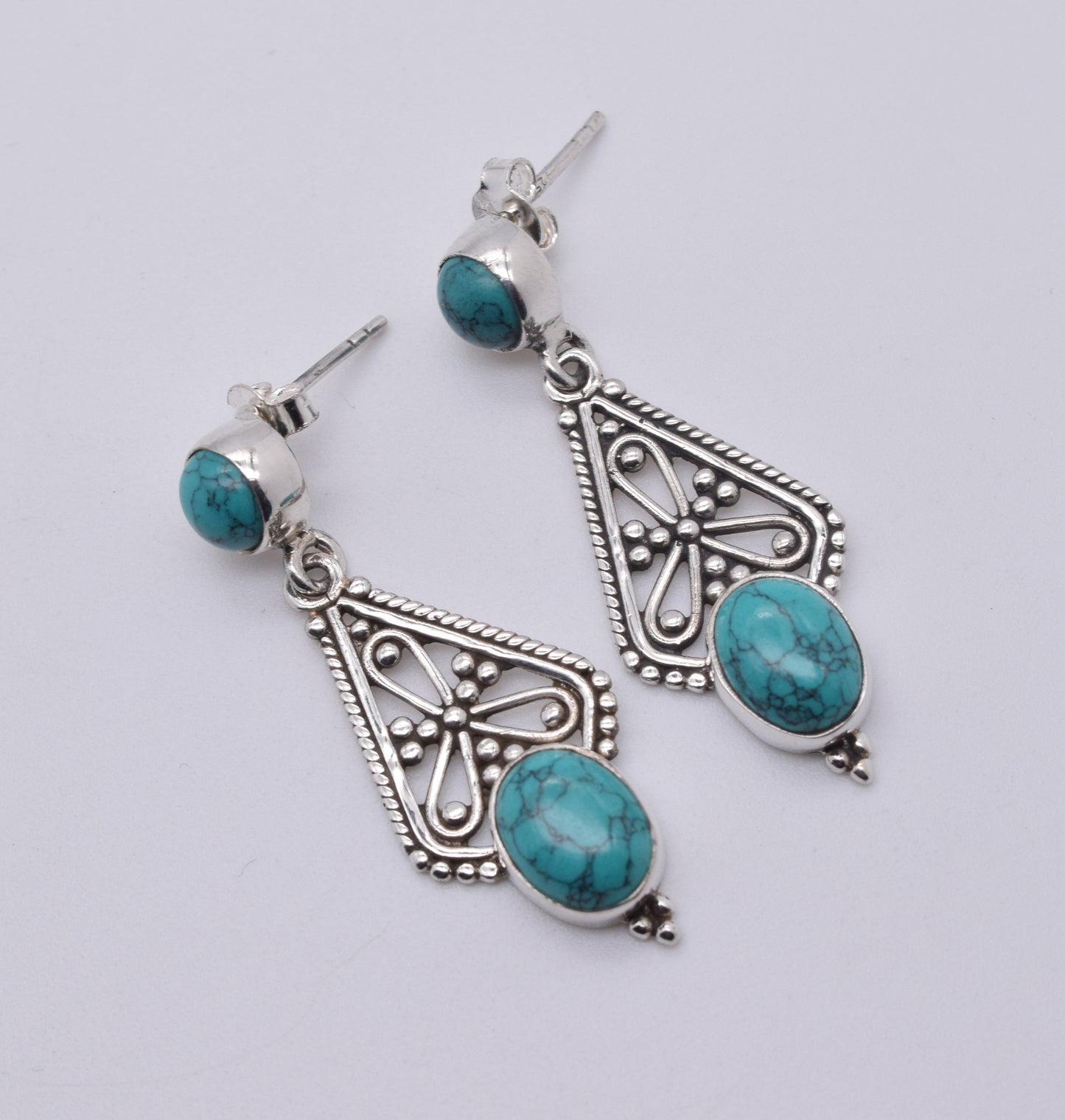 925 Solid Sterling Silver Blue Turquoise Stud Earring-1.7 Inch