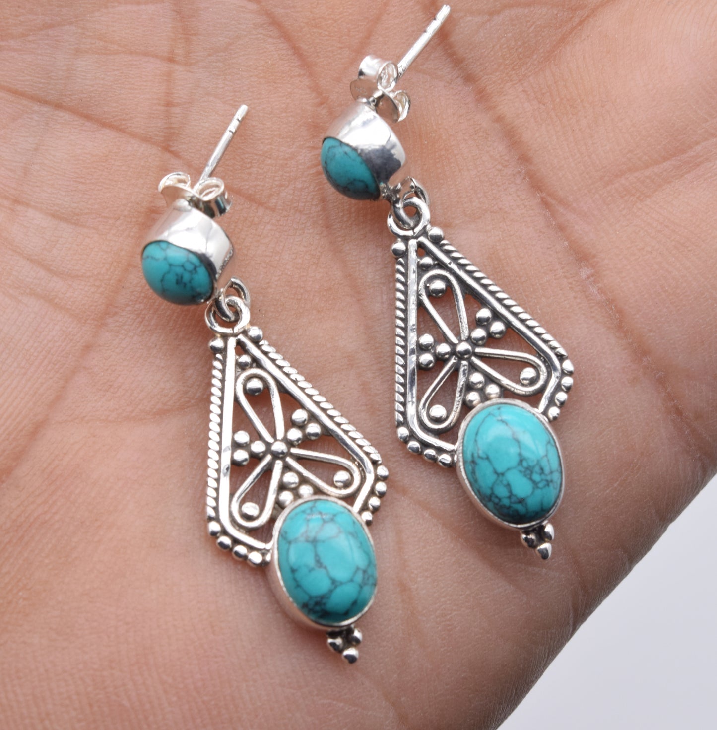 925 Solid Sterling Silver Blue Turquoise Stud Earring-1.7 Inch