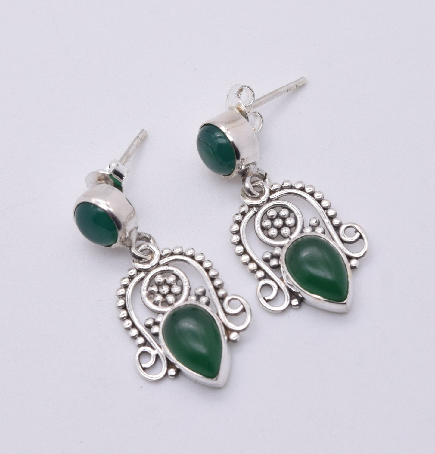 925 Solid Sterling Silver Green Onyx Stud Earring-1.5 Inch