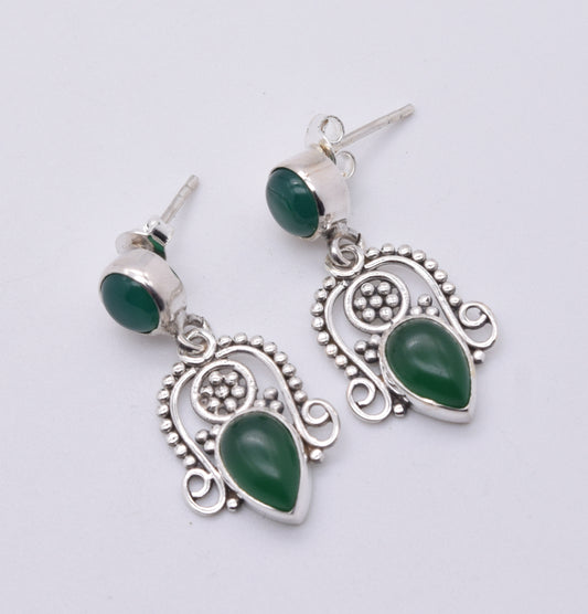 925 Solid Sterling Silver Green Onyx Stud Earring-1.5 Inch