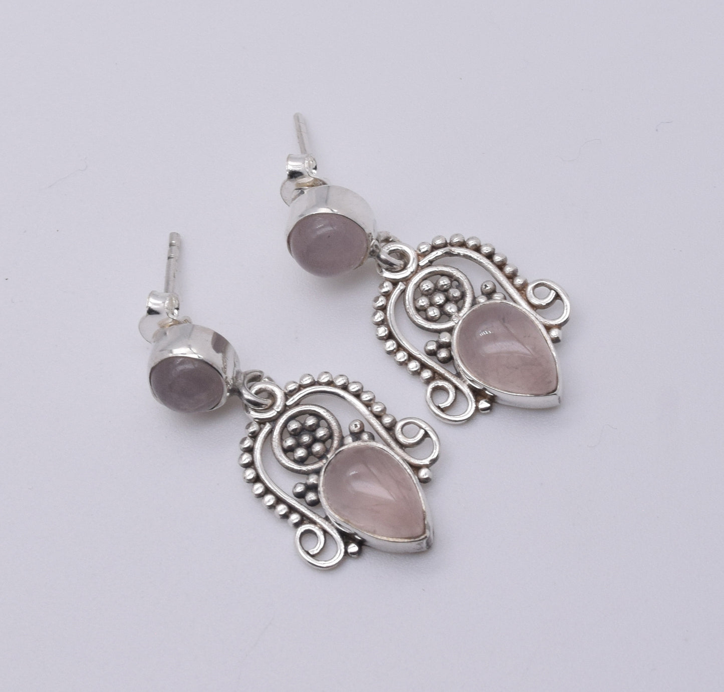 925 Solid Sterling Silver Pink Rose Quartz Stud Earring-1.5 Inch
