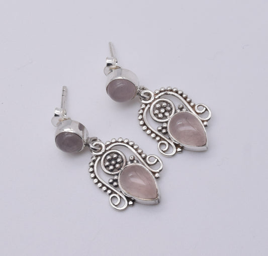 925 Solid Sterling Silver Pink Rose Quartz Stud Earring-1.5 Inch