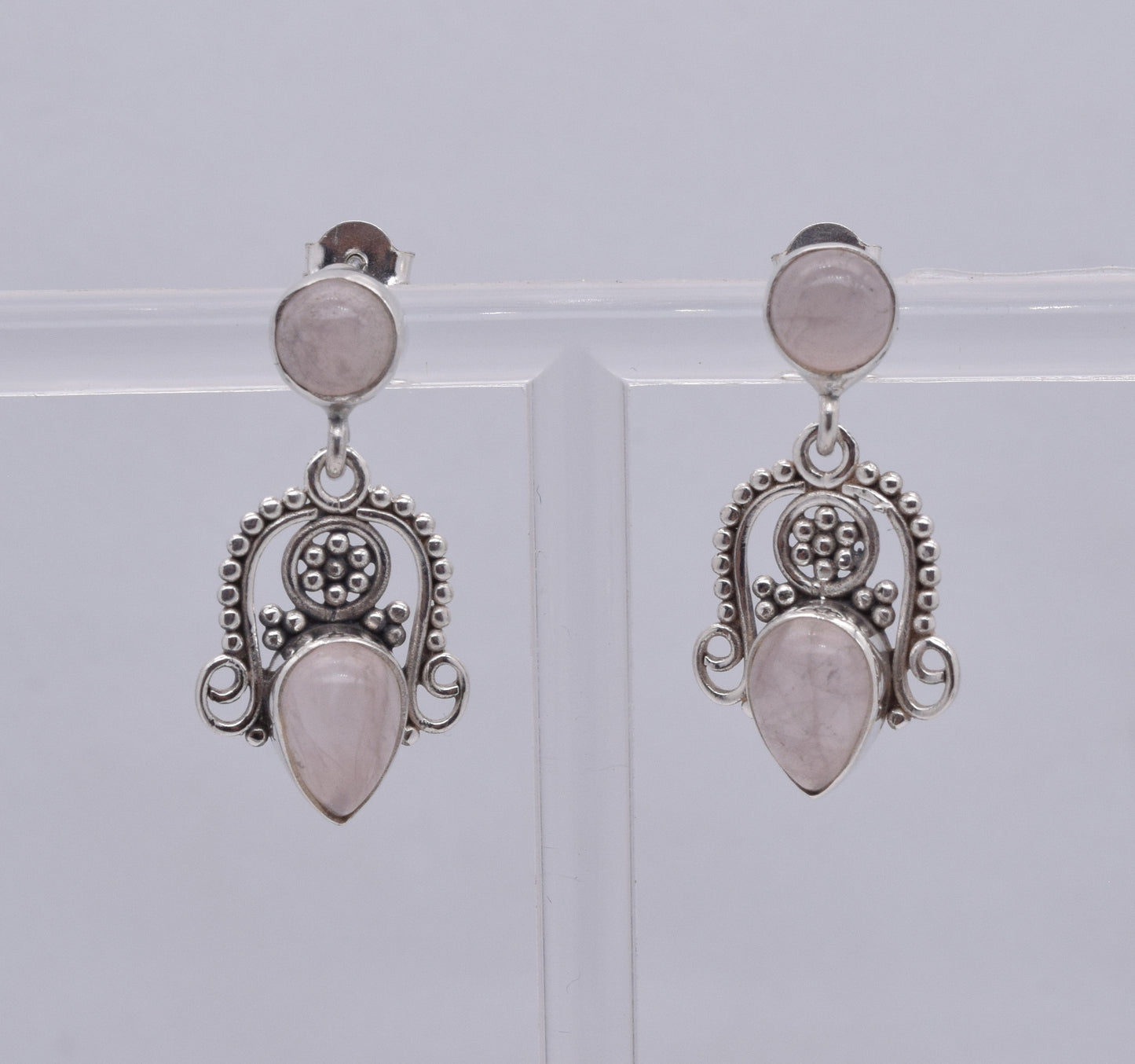 925 Solid Sterling Silver Pink Rose Quartz Stud Earring-1.5 Inch
