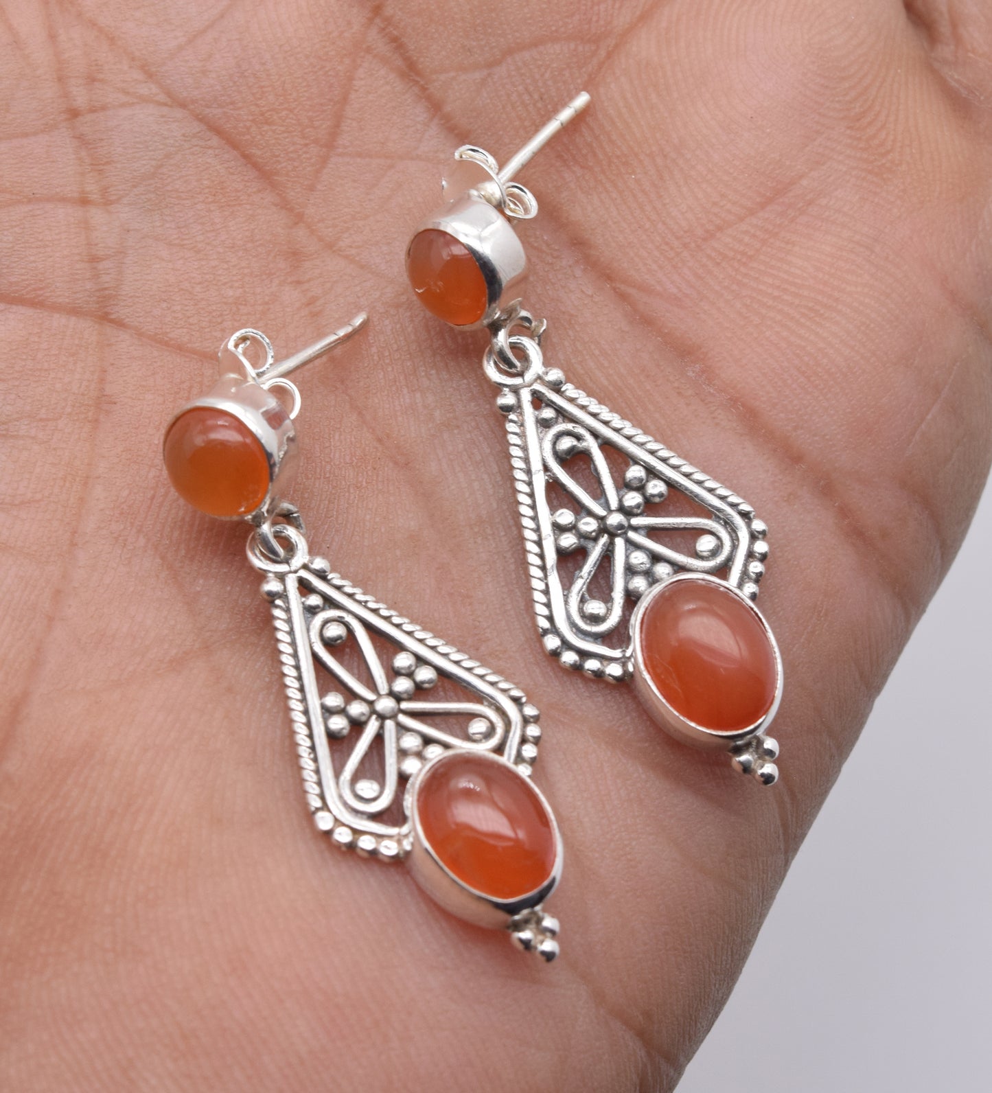 925 Solid Sterling Silver Red Carnelian Stud Earring-1.7 Inch