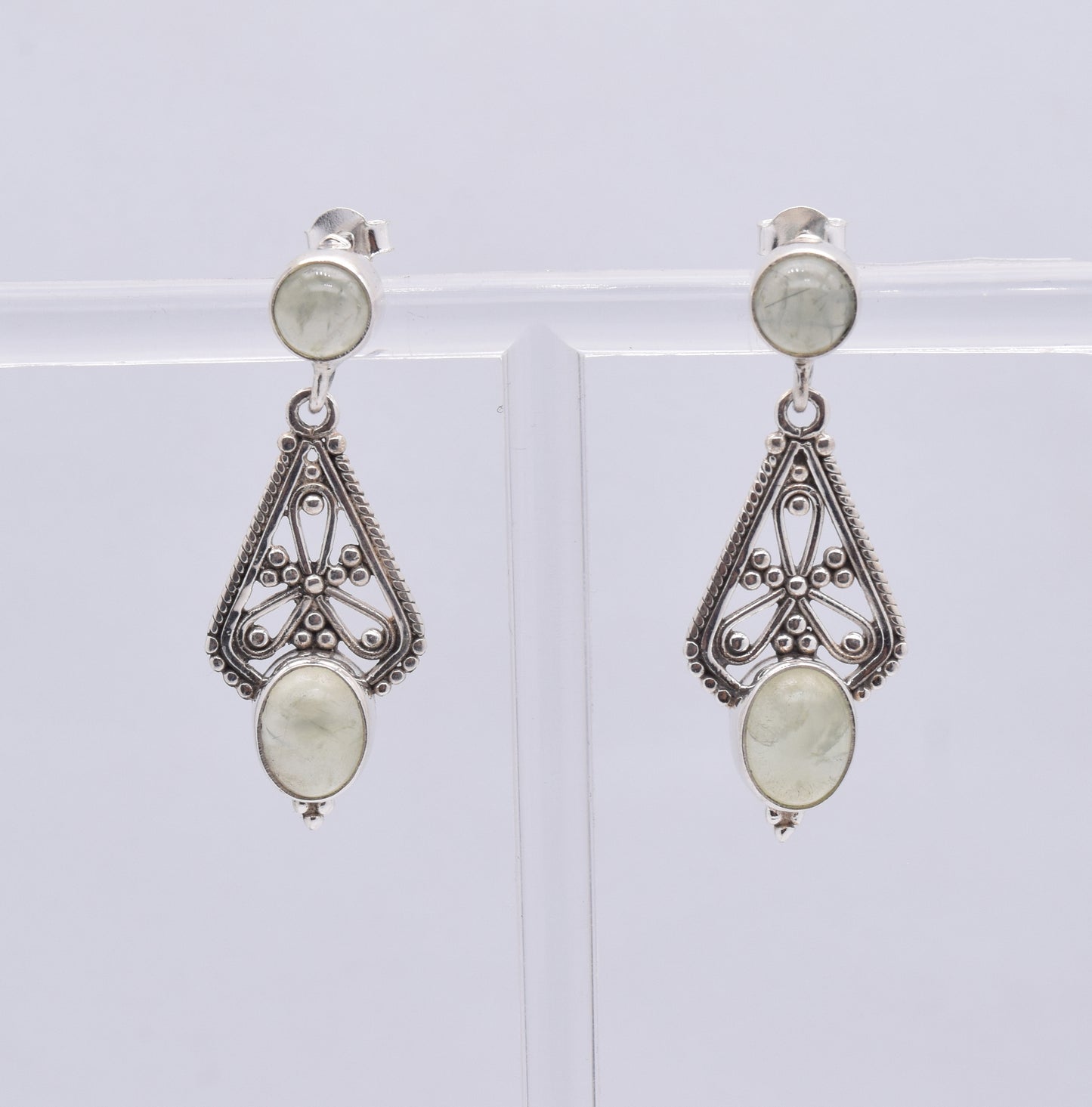 925 Solid Sterling Silver Green Prehnite Stud Earring-1.7 Inch