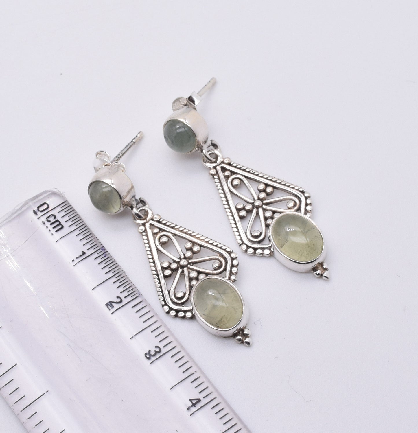 925 Solid Sterling Silver Green Prehnite Stud Earring-1.7 Inch