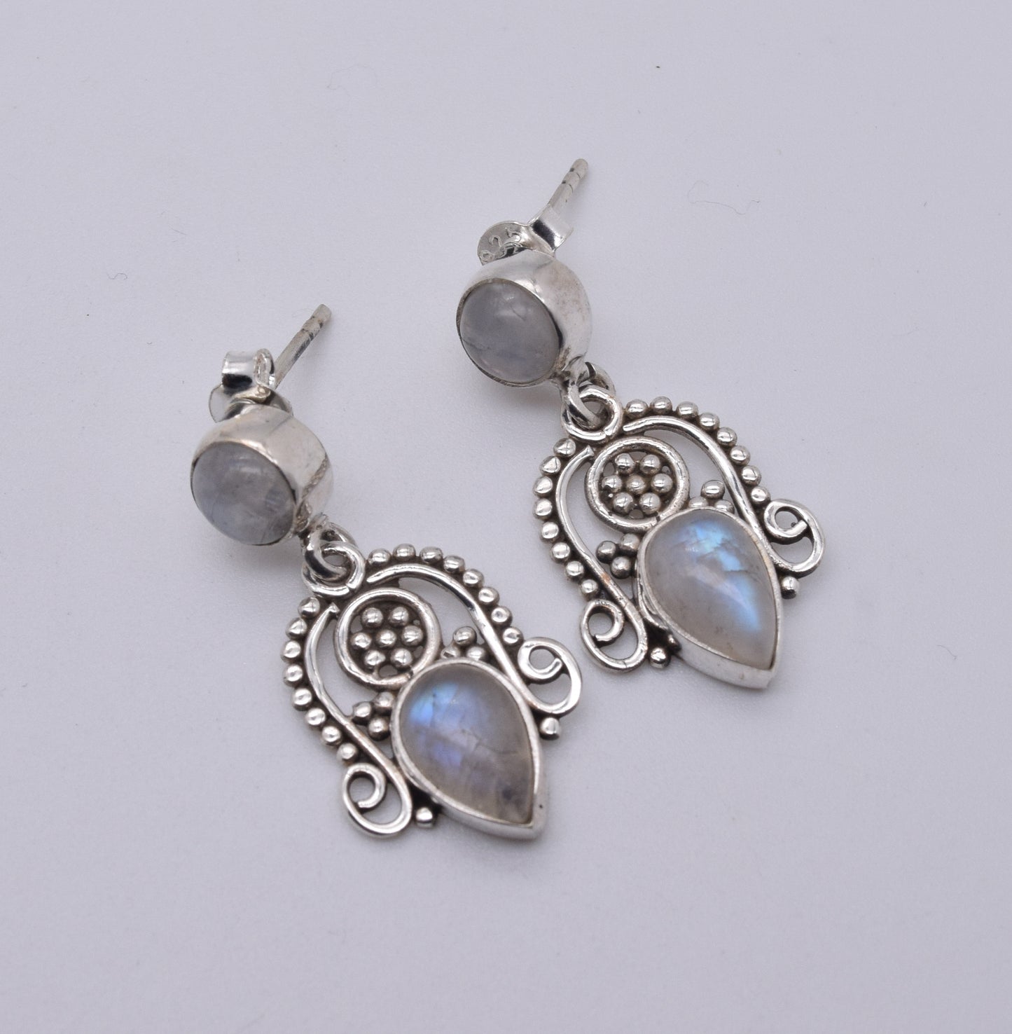 925 Solid Sterling Silver White Rainbow Moonstone Stud Earring-1.5 Inch