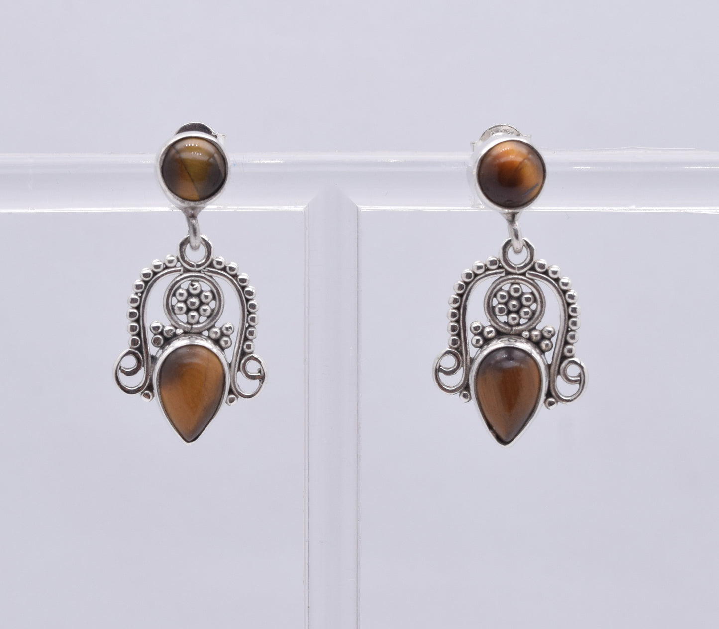 925 Solid Sterling Silver Tiger Eye Stud Earring-1.5 Inch