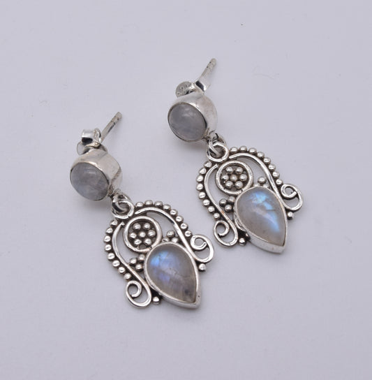 925 Solid Sterling Silver White Rainbow Moonstone Stud Earring-1.5 Inch