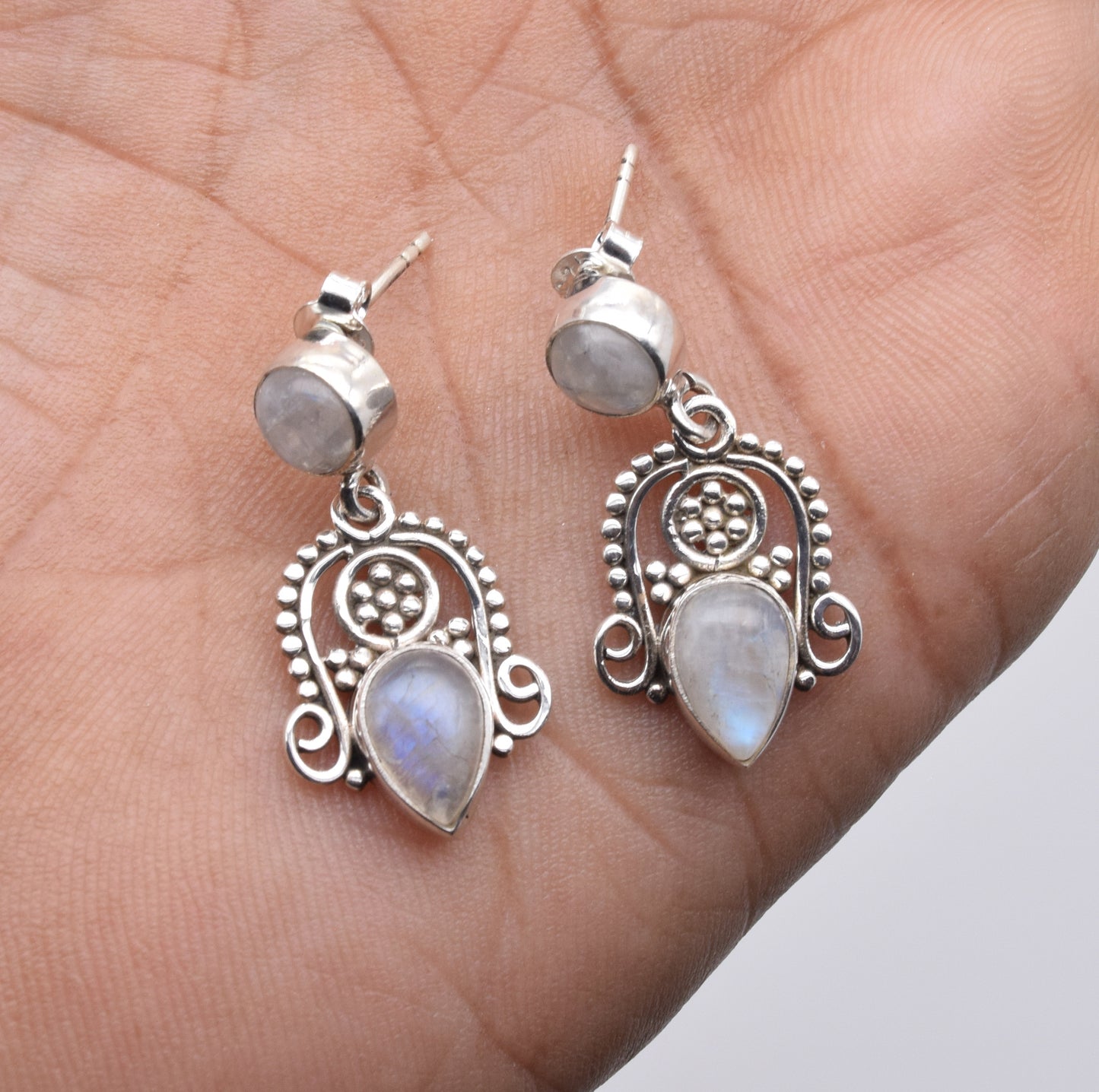 925 Solid Sterling Silver White Rainbow Moonstone Stud Earring-1.5 Inch