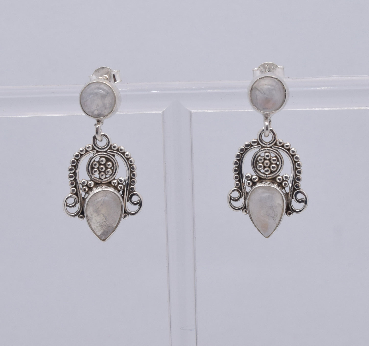 925 Solid Sterling Silver White Rainbow Moonstone Stud Earring-1.5 Inch