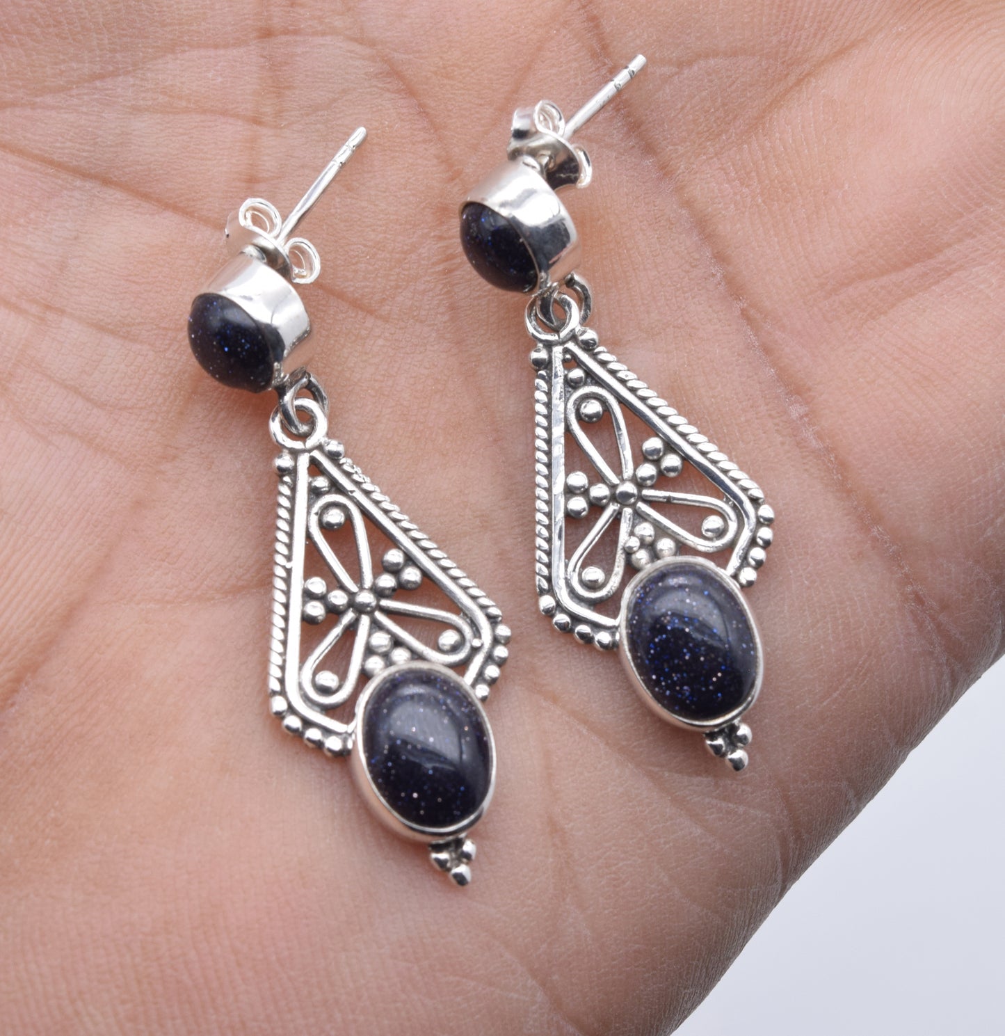 925 Solid Sterling Silver Blue Sunstone Stud Earring-1.7 Inch