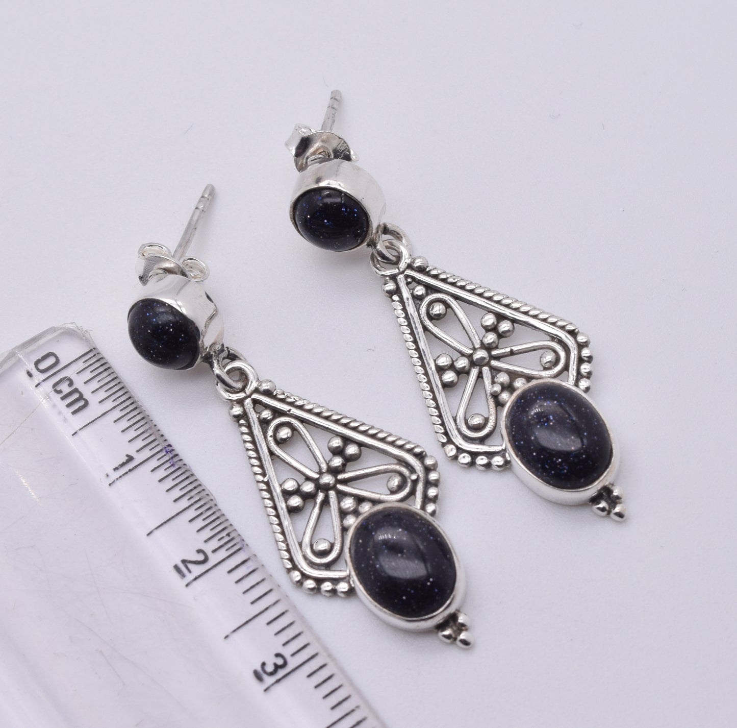 925 Solid Sterling Silver Blue Sunstone Stud Earring-1.7 Inch