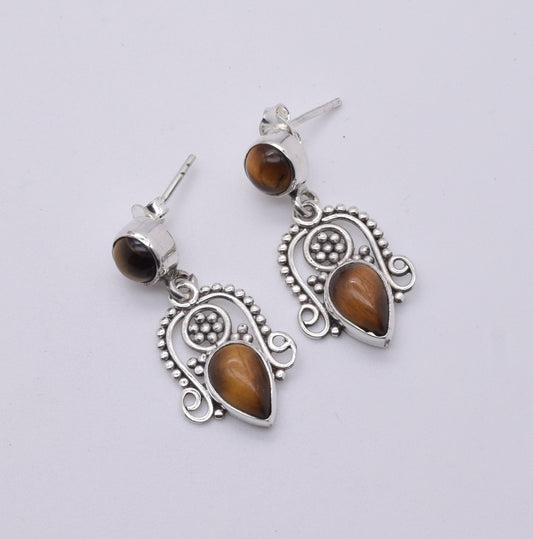 925 Solid Sterling Silver Tiger Eye Stud Earring-1.5 Inch