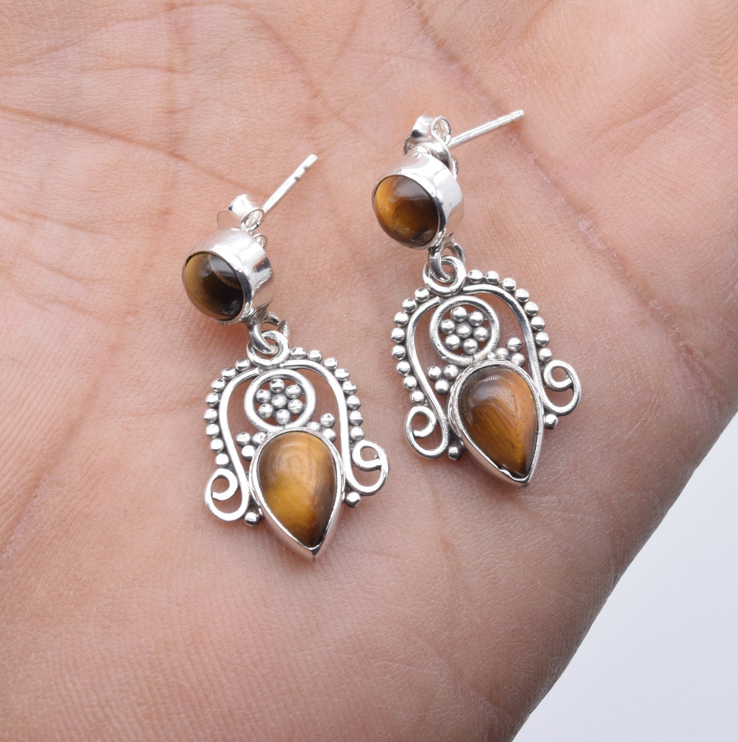 925 Solid Sterling Silver Tiger Eye Stud Earring-1.5 Inch