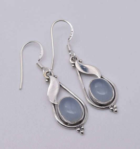 925 Solid Sterling Silver Blue Chalcedony Hook Earring-1.5 Inch