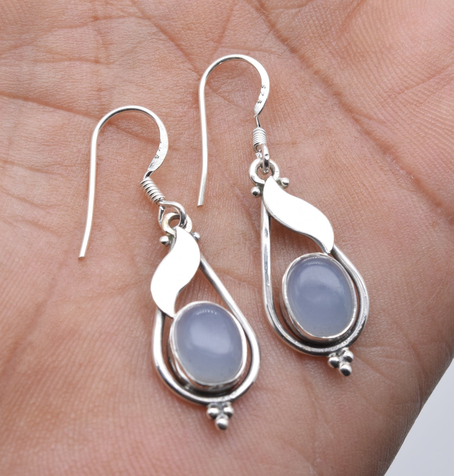 925 Solid Sterling Silver Blue Chalcedony Hook Earring-1.5 Inch