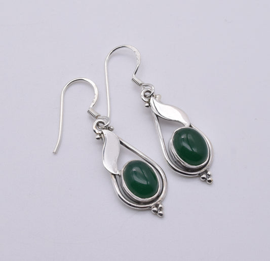 925 Solid Sterling Silver Green Onyx Hook Earring-1.5 Inch