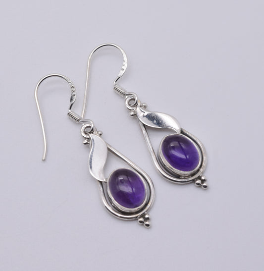 925 Solid Sterling Silver Purple Amethyst Hook Earring-1.5 Inch