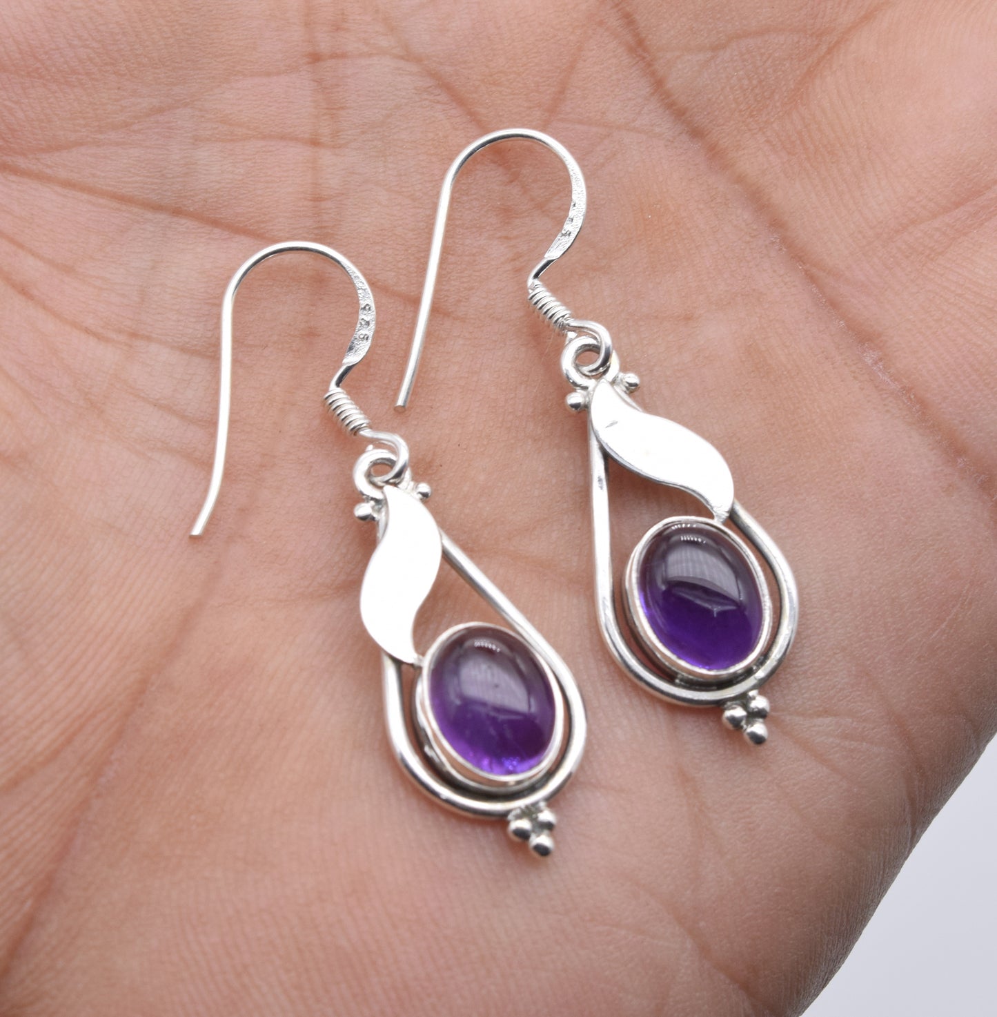 925 Solid Sterling Silver Purple Amethyst Hook Earring-1.5 Inch