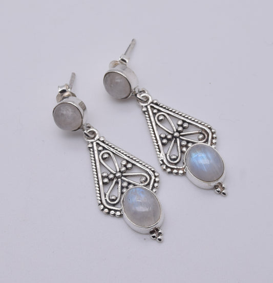 925 Solid Sterling Silver White Rainbow Moonstone Stud Earring-1.7 Inch