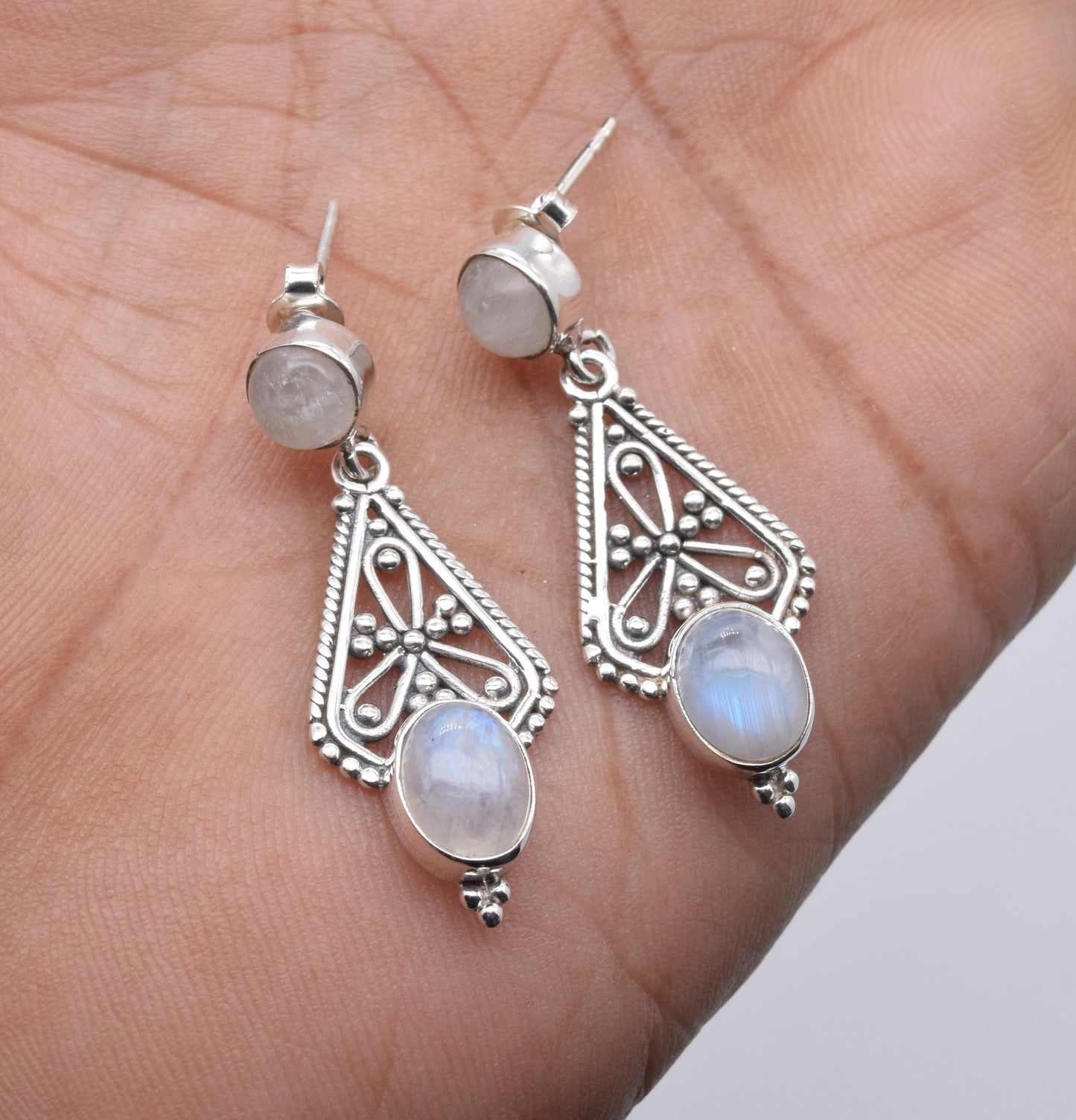925 Solid Sterling Silver White Rainbow Moonstone Stud Earring-1.7 Inch