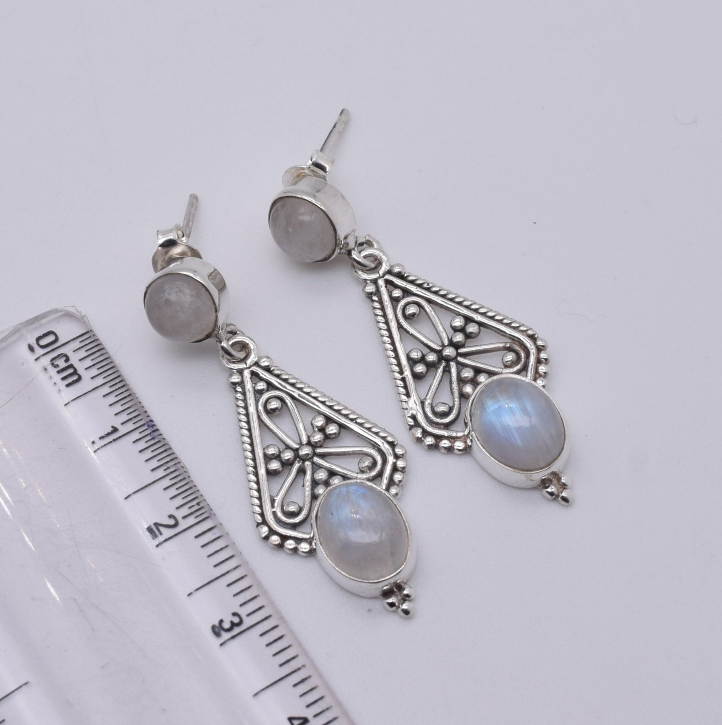 925 Solid Sterling Silver White Rainbow Moonstone Stud Earring-1.7 Inch