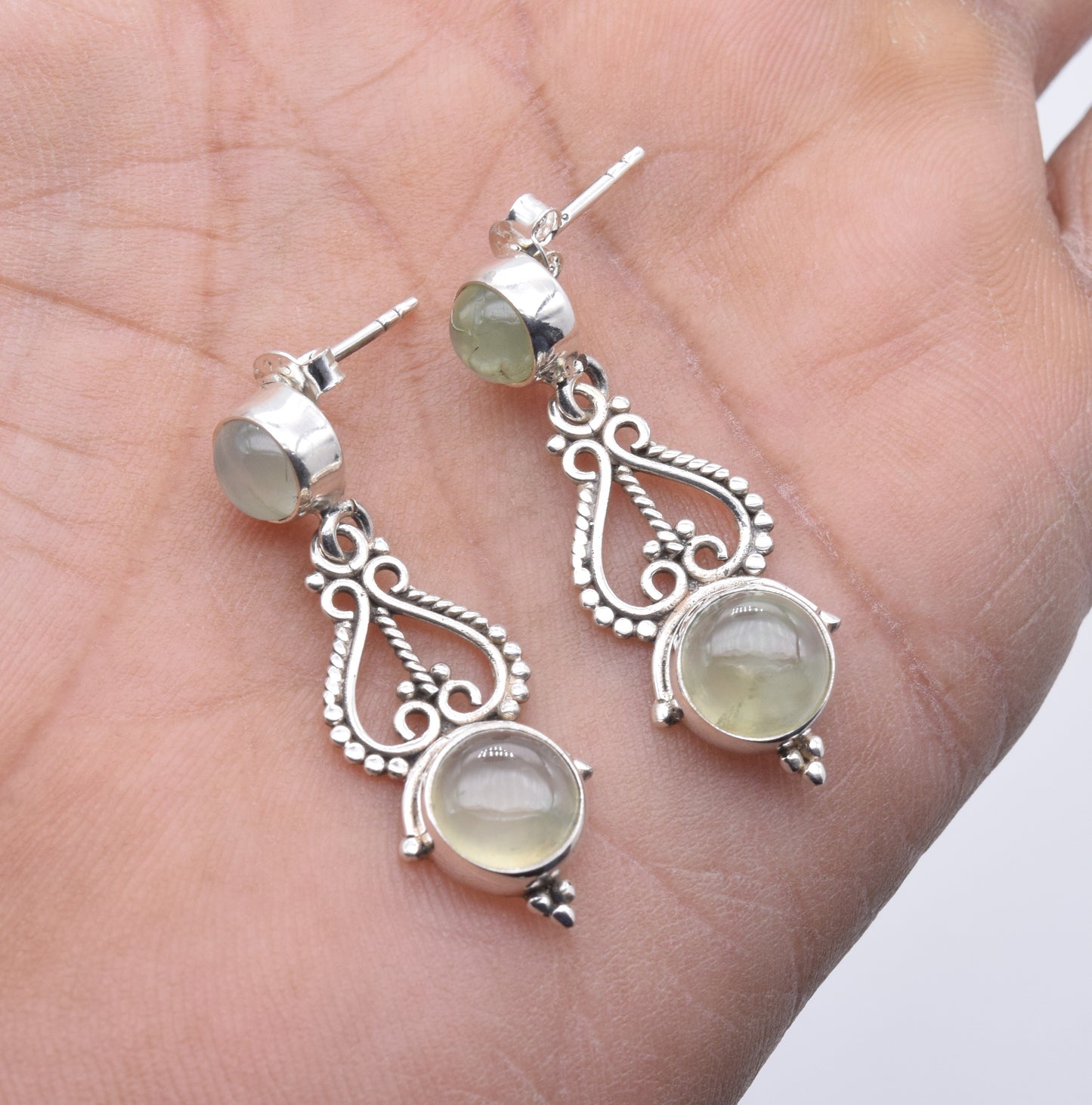 925 Solid Sterling Silver Green Prehnite Stud Earring-1.5 Inch