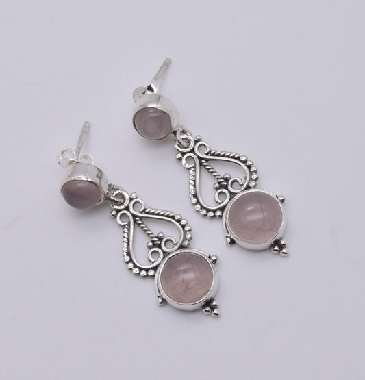 925 Solid Sterling Silver Pink Rose Quartz Stud Earring-1.5 Inch