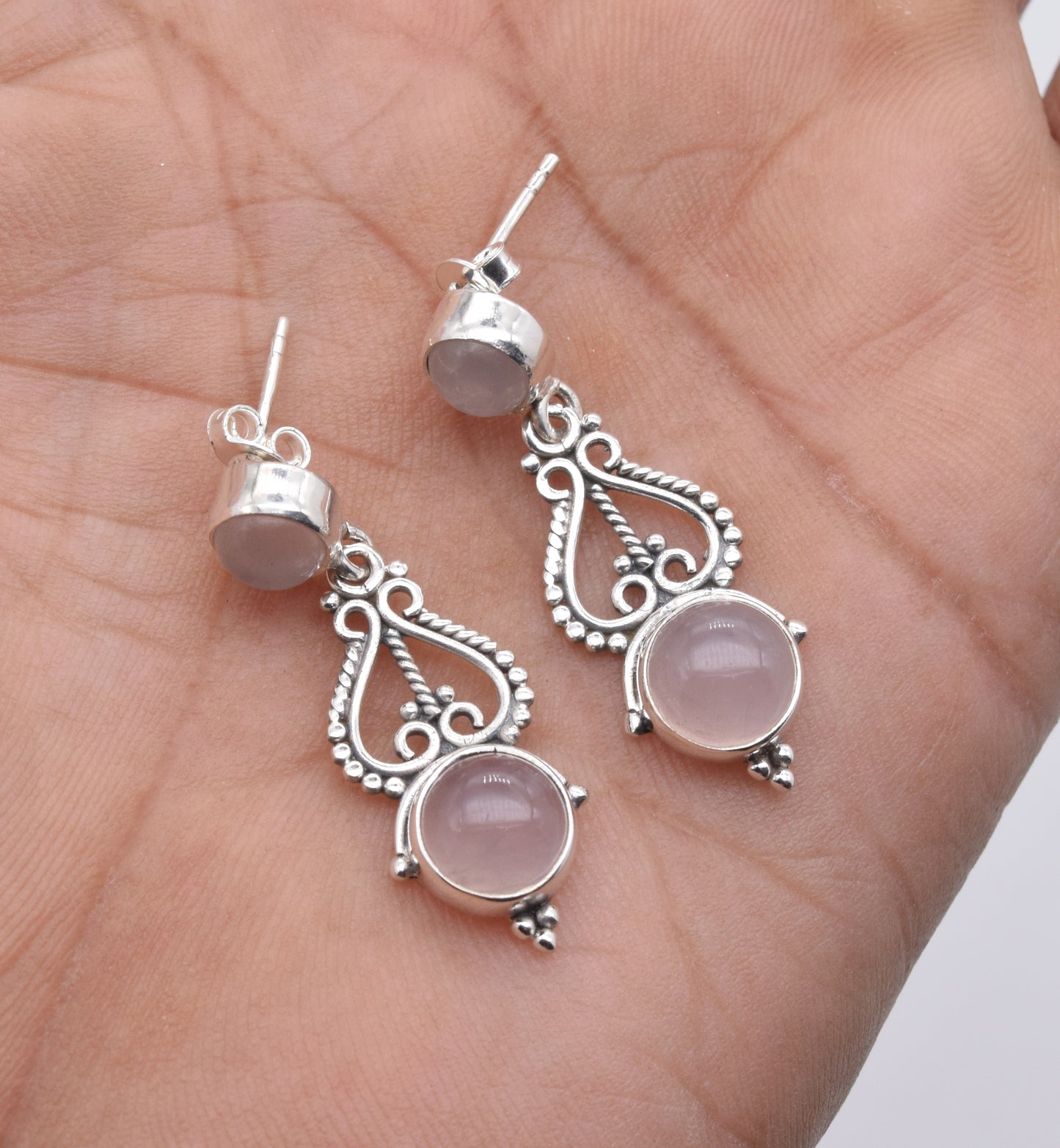 925 Solid Sterling Silver Pink Rose Quartz Stud Earring-1.5 Inch