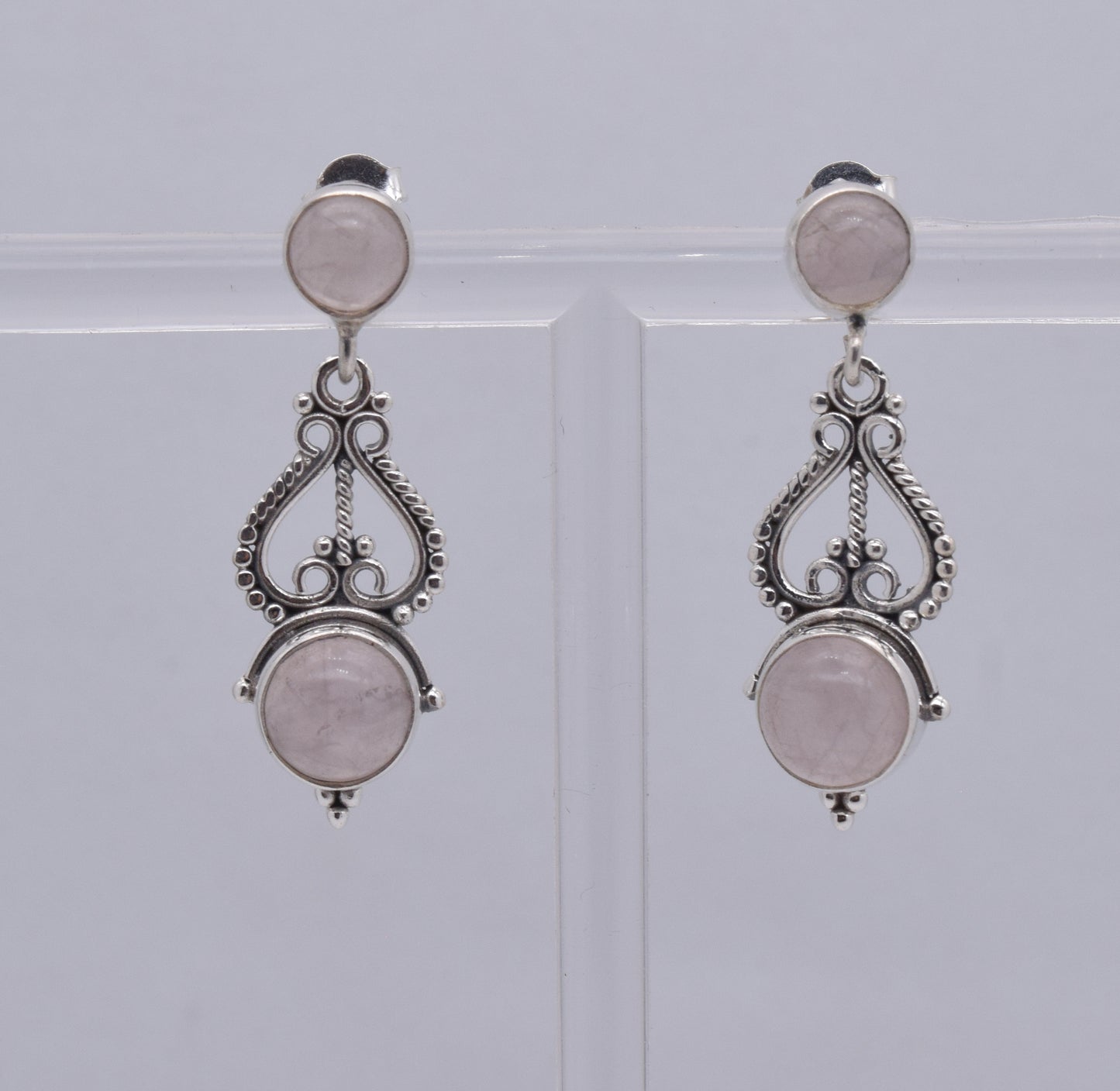 925 Solid Sterling Silver Pink Rose Quartz Stud Earring-1.5 Inch