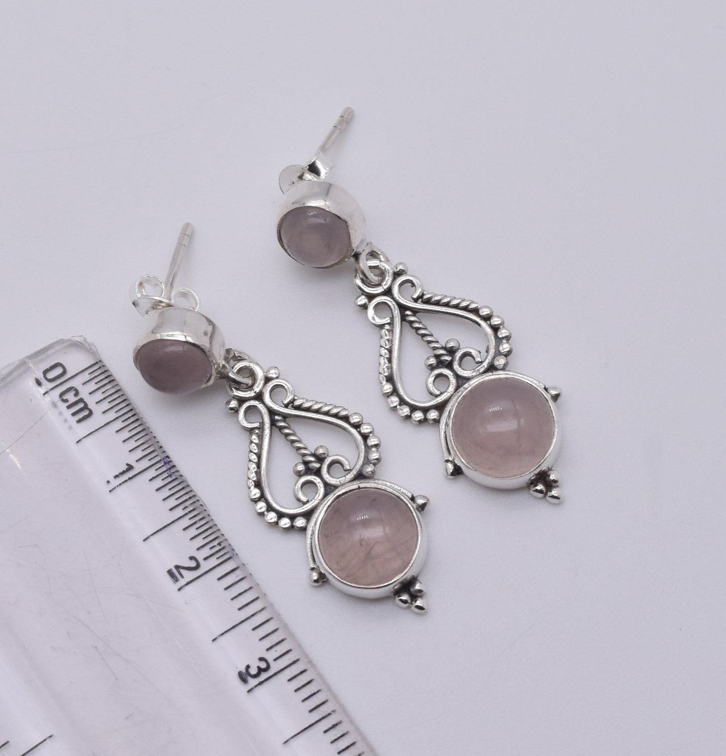 925 Solid Sterling Silver Pink Rose Quartz Stud Earring-1.5 Inch