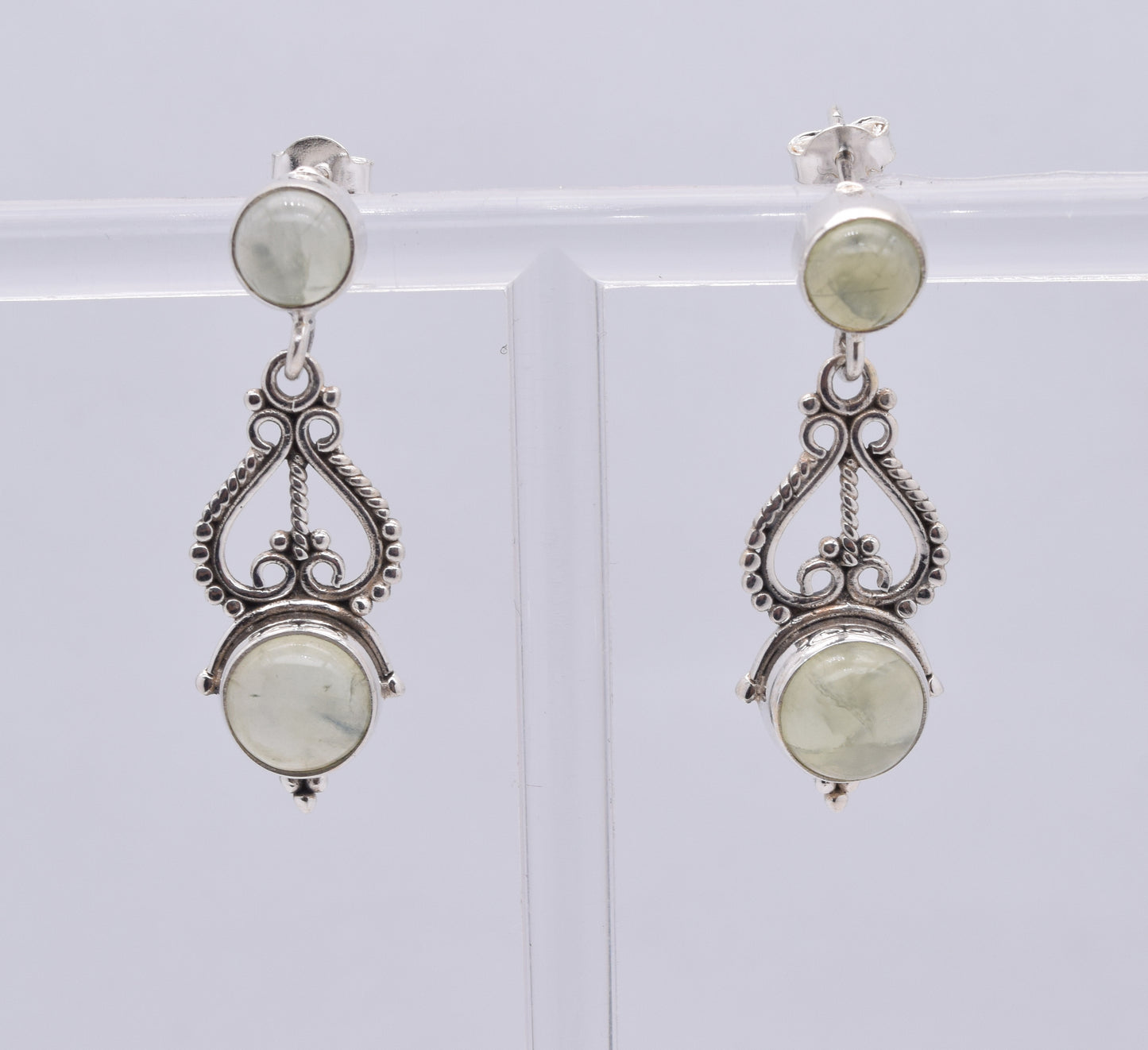 925 Solid Sterling Silver Green Prehnite Stud Earring-1.5 Inch