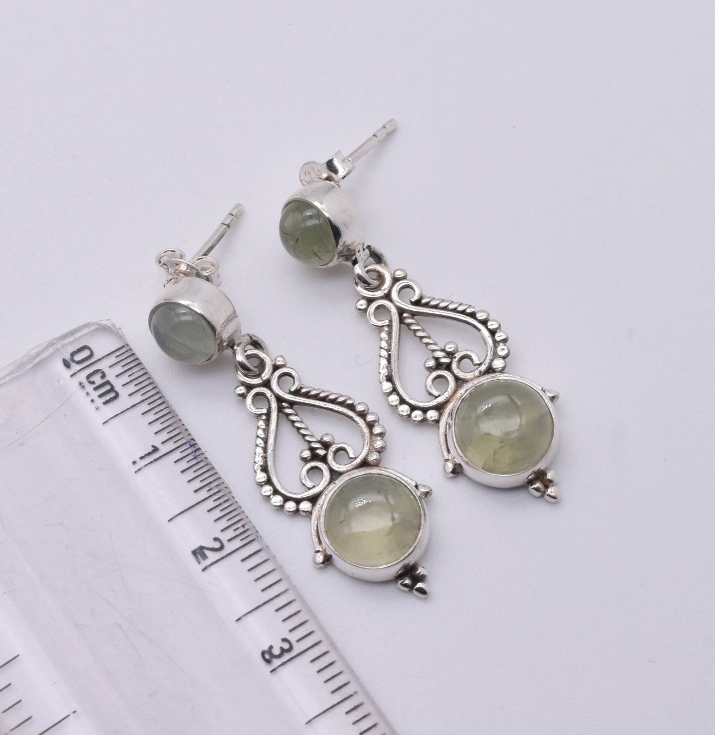 925 Solid Sterling Silver Green Prehnite Stud Earring-1.5 Inch