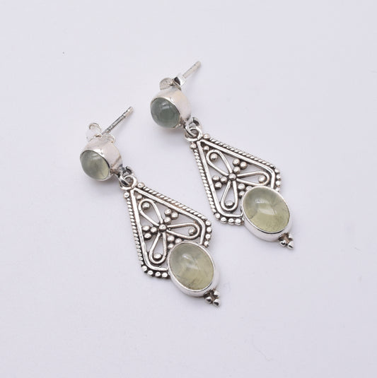 925 Solid Sterling Silver Green Prehnite Stud Earring-1.7 Inch