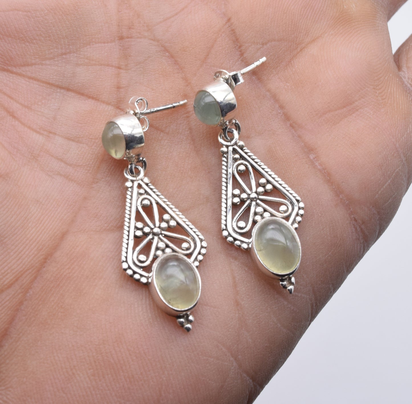 925 Solid Sterling Silver Green Prehnite Stud Earring-1.7 Inch