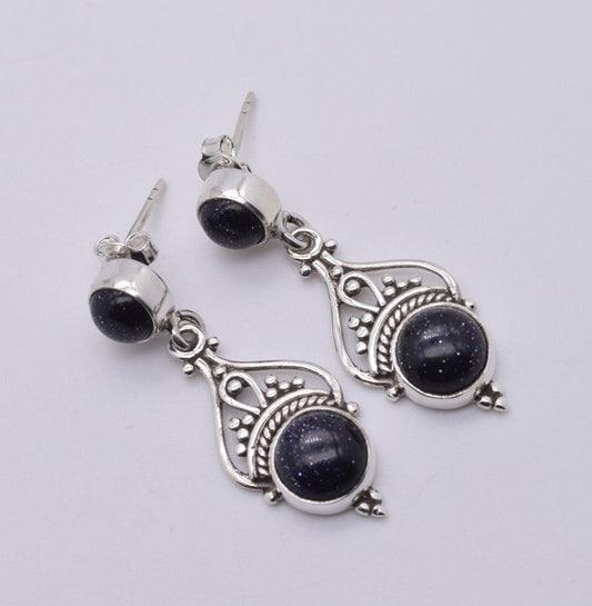 925 Solid Sterling Silver Blue Sunstone Stud Earring-1.5 Inch
