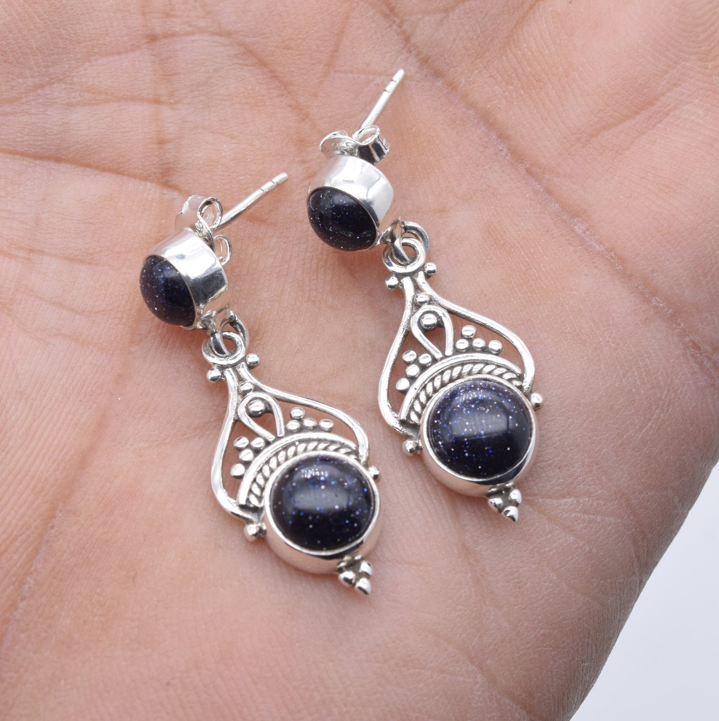 925 Solid Sterling Silver Blue Sunstone Stud Earring-1.5 Inch