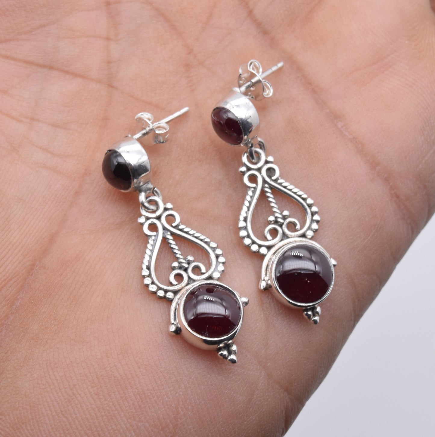 925 Solid Sterling Silver Red Garnet Stud Earring-1.5 Inch