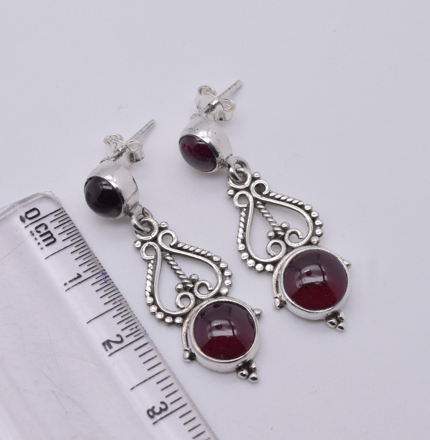 925 Solid Sterling Silver Red Garnet Stud Earring-1.5 Inch