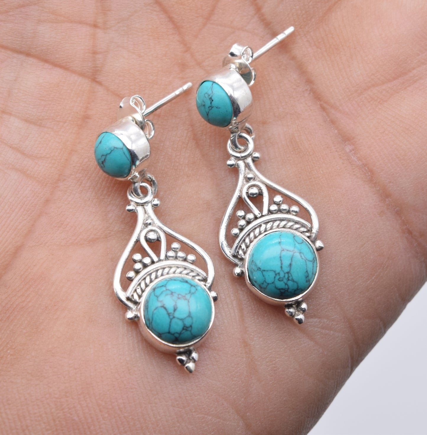 925 Solid Sterling Silver Blue Turquoise Stud Earring-1.5 Inch