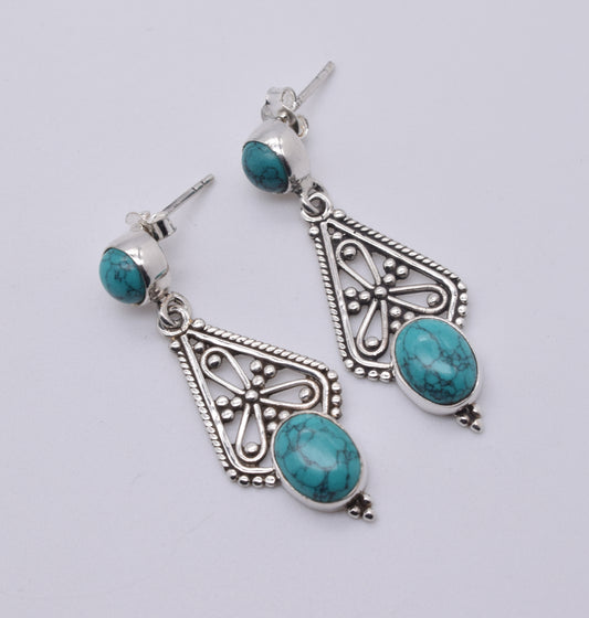 925 Solid Sterling Silver Blue Turquoise Stud Earring-1.7 Inch