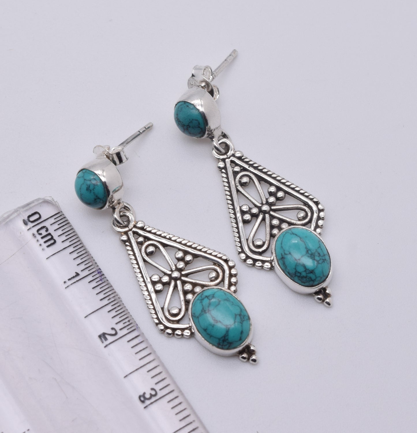 925 Solid Sterling Silver Blue Turquoise Stud Earring-1.7 Inch
